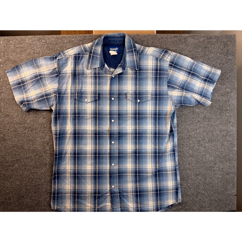 Wrangler Western Shirt Mens L Blue Plaid Pearl Snap Short Sleeve Workwear Y2K